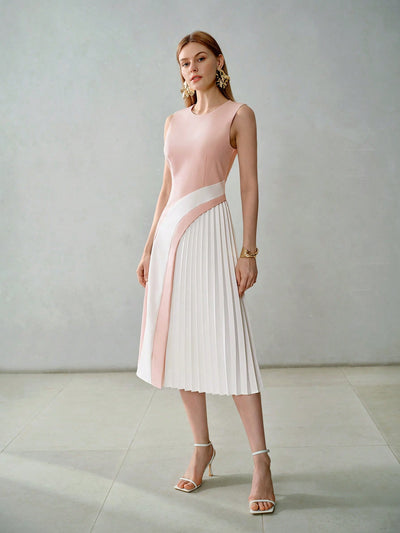 Modern Chic: Sleeveless Pleated Dress with Premium Color Block Design