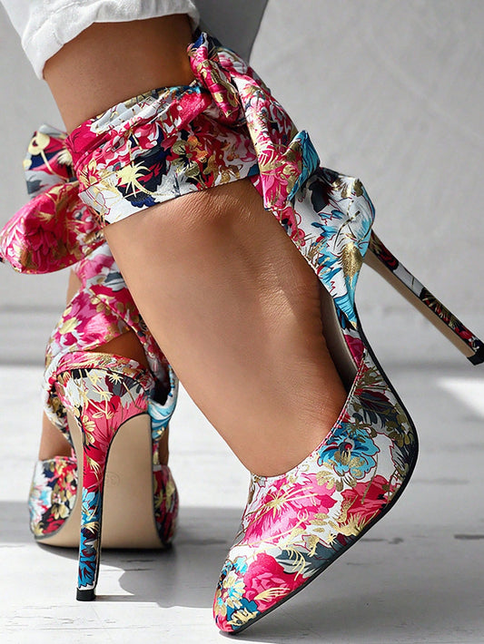 Blooming Beauty High Heels: Floral Print Satin Bow Tie Shoes for Party and Events