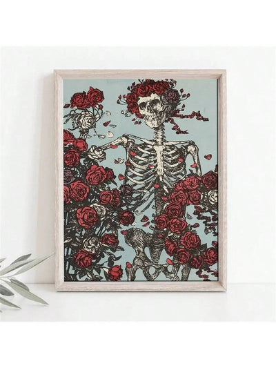 Enhance your home decor with this stunning blooming rose skull canvas wall art. The unique design adds a touch of elegance while the canvas material creates a durable and long-lasting piece. Perfect for any room, this poster is a must-have for any art enthusiast and adds character to any space.