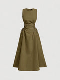 Army green lace up waist midi dress front view with round neckline