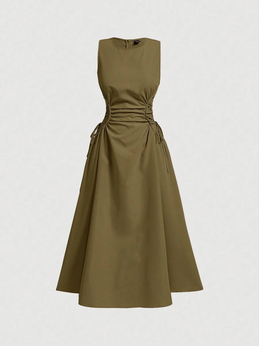 Army green lace up waist midi dress front view with round neckline