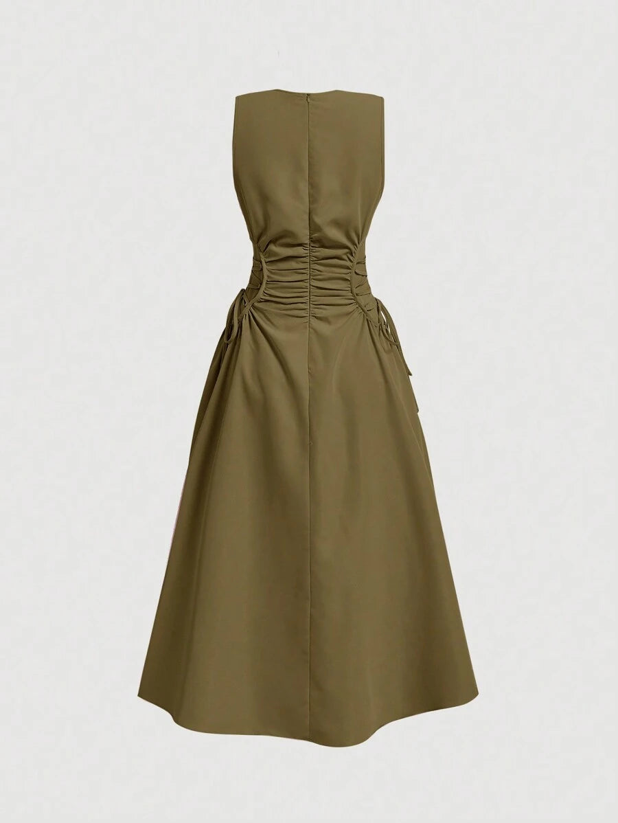 Back view of army green sleeveless dress with center zipper seam