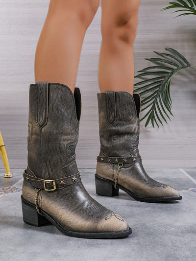 Chic Distressed Mid-Calf Western Boots with Pointed Toe and Chunky Heels