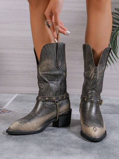 Chic Distressed Mid-Calf Western Boots with Pointed Toe and Chunky Heels