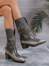 Chic Distressed Mid-Calf Western Boots with Pointed Toe and Chunky Heels