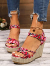 Chic Pink Summer Vacation Woven Wedge Sandals with Geometric Pattern and Vintage Buckle Design