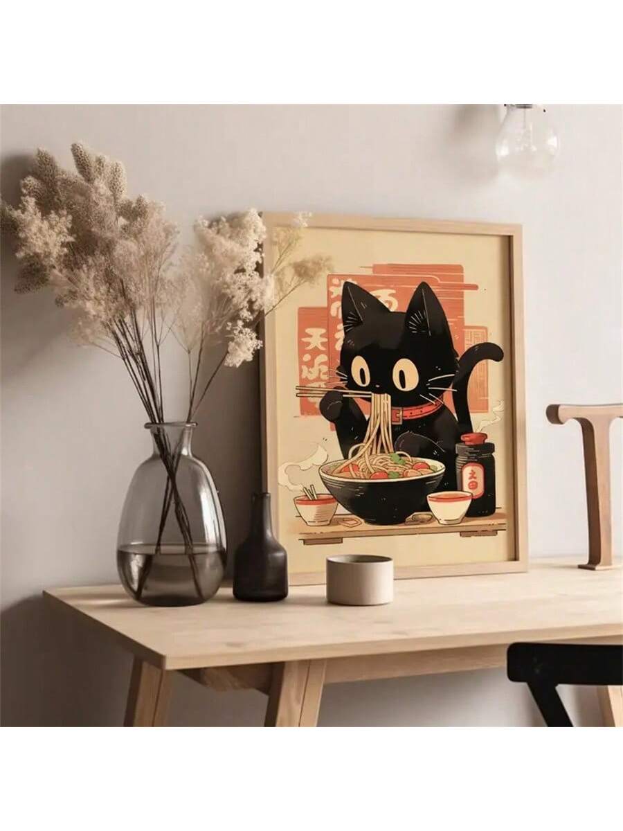 Add a touch of whimsy to your surroundings with our Whimsical Black Cat Enjoying Noodles Canvas Art. This unique piece is perfect for both home and office decor, showcasing a playful feline enjoying a bowl of noodles. Made with high-quality canvas, this art piece will add character and charm to any space.