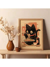 Whimsical Black Cat Enjoying Noodles Canvas Art - Perfect Home and Office Decor