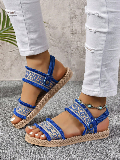 Bohemian Bliss: Blue Round Toe Flat Sandals with Woven Tassels - Versatile and Stylish for Travel and Vacation