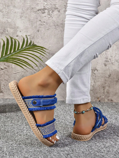 Bohemian Bliss: Blue Round Toe Flat Sandals with Woven Tassels - Versatile and Stylish for Travel and Vacation