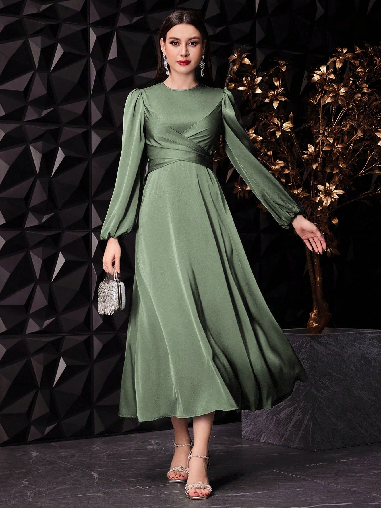 lantern sleeve dress Modelyn Green Modest Dress Women's Traditional Wear Long Sleeve Bishop Sleeve Round Neck High Waist A-Line Woven Fabric Regular Fit Casual F,L