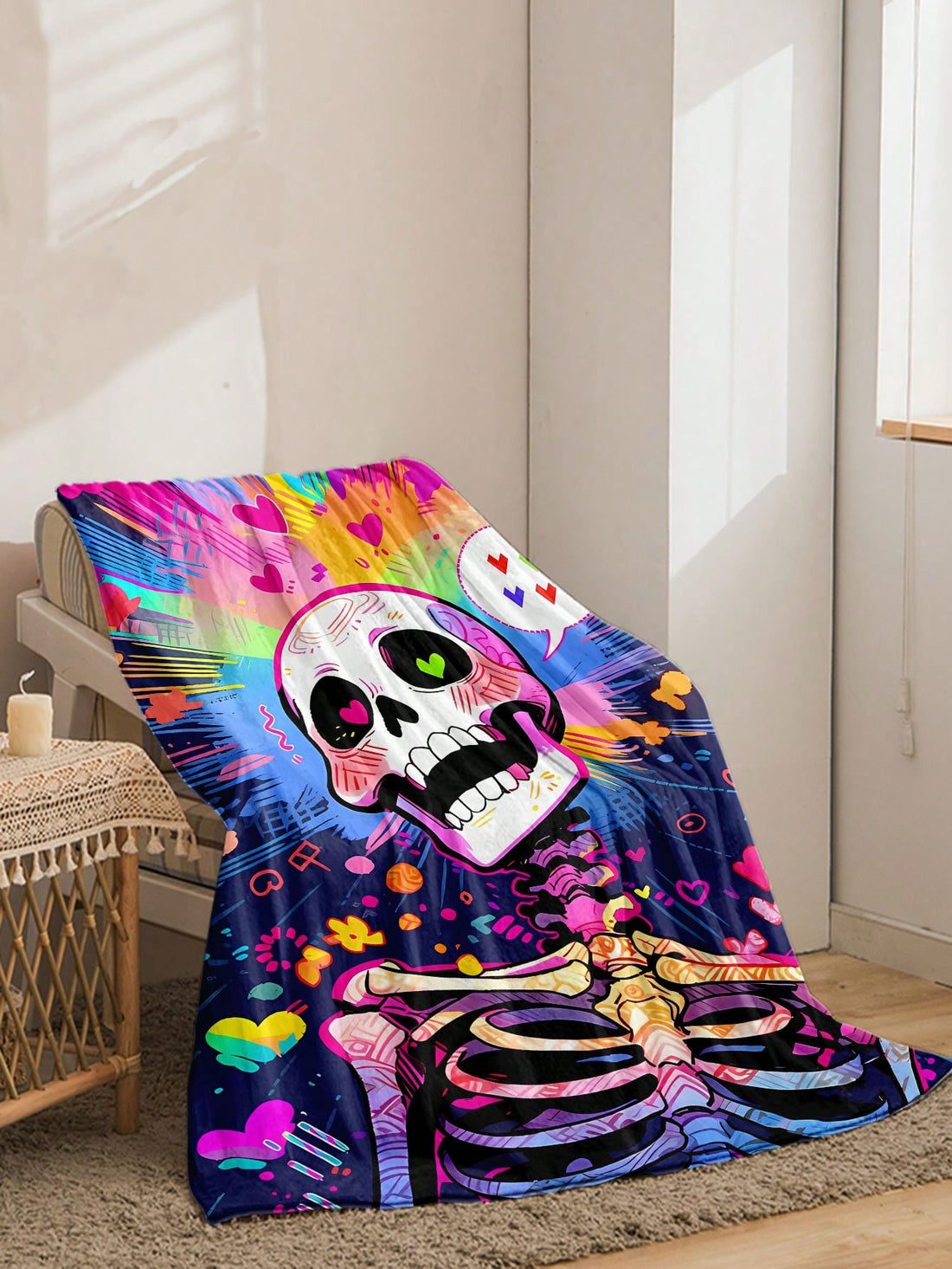 Snuggle up in style with our Cartoon Skull Printed Flannel Blanket! Made from premium flannel material, this must-have home essential is perfect for year-round use. The vibrant cartoon skull print adds a touch of personality to any room, while the soft and warm fabric provides maximum comfort. A great addition to your home decor collection, and a perfect gift for any occasion.