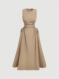 Khaki beige fit and flare midi dress front view with side tie waist