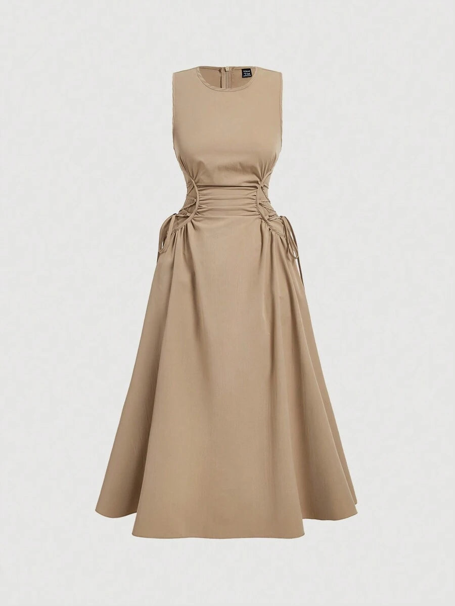 Khaki beige fit and flare midi dress front view with side tie waist