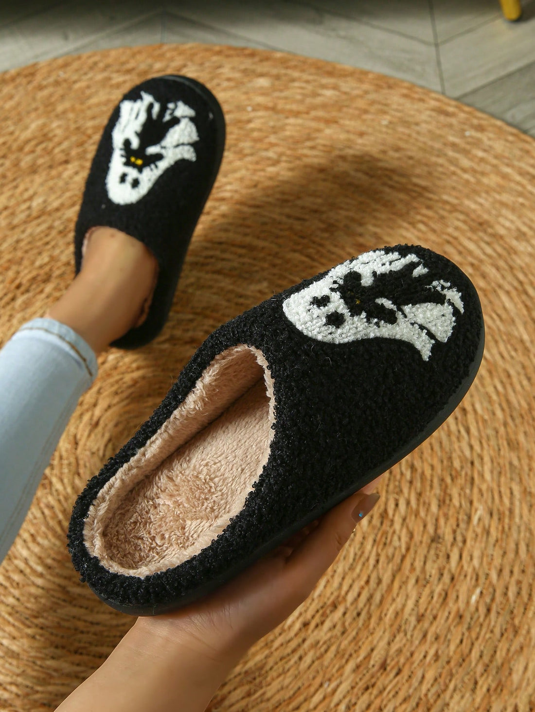 These Spooky Spectral Cat Couple Slippers are a must-have for any Halloween lover. Limited edition design features a cute and eerie cat couple on the front. Enjoy comfort and style while keeping your feet warm during the spooky season. Made with high-quality materials for long-lasting wear.