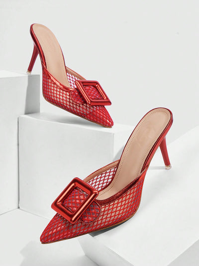 Trendy Chic Pointed-Toe Mesh Slippers with Buckle - Stylish Thin Heels for the Modern Baddie