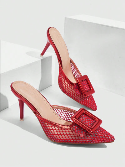 Trendy Chic Pointed-Toe Mesh Slippers with Buckle - Stylish Thin Heels for the Modern Baddie