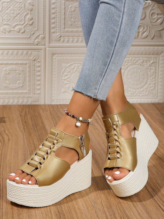 Elevate your summer style with our European-American Style Gold Wedge Sandals. Featuring a chic design, these sandals are perfect for your next vacation. The gold wedge adds a touch of glamour while offering comfortable support. Step into fashion and make a statement on your next getaway.