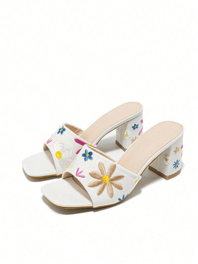 Summer Ready: Apricot Embroidered Flower Mules with Chunky Heels