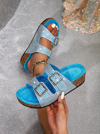 Shiny Rhinestone Platform Sandals: Elevate Your Casual Outfits & Beach Vacation Looks with Beautiful Wood Grain Design