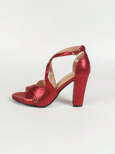 New Arrival: Red Cross Strap Latin Dance Sandals - Chunky High Heels with Hollow Out Detail