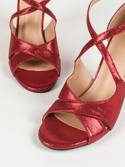 New Arrival: Red Cross Strap Latin Dance Sandals - Chunky High Heels with Hollow Out Detail