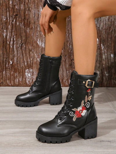 Black Lace-Up Embroidered Chunky Heel Boots: Plus Size Motorcycle Chic