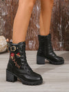 Black Lace-Up Embroidered Chunky Heel Boots: Plus Size Motorcycle Chic