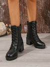 Black Lace-Up Embroidered Chunky Heel Boots: Plus Size Motorcycle Chic