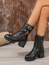 Black Lace-Up Embroidered Chunky Heel Boots: Plus Size Motorcycle Chic