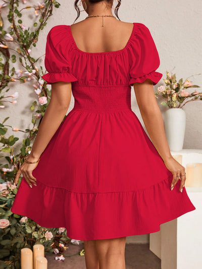 Chic Summer Vibes: Tie Front Ruffle Hem Puff Sleeve Dress