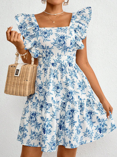 Chic Vacation Ready: Woven Print Square Neck Short Sleeve Dress