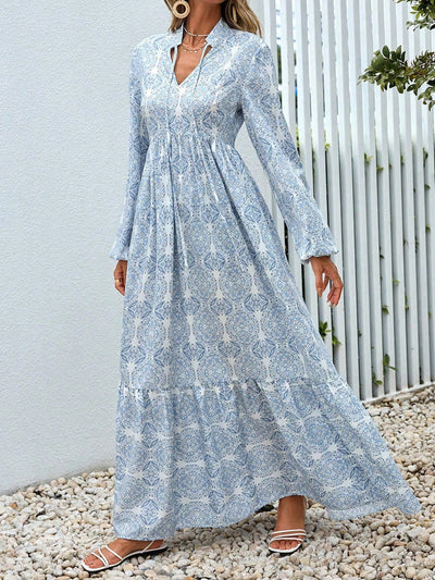 Effortless Elegance: Plus Size Casual Allover Print Lantern Sleeve Long Dress