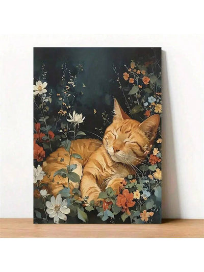 Sleepy Cat in Flower Garden Canvas Poster - Perfect Wall Art for Home Decor