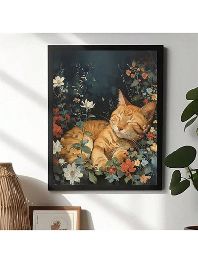 Sleepy Cat in Flower Garden Canvas Poster - Perfect Wall Art for Home Decor