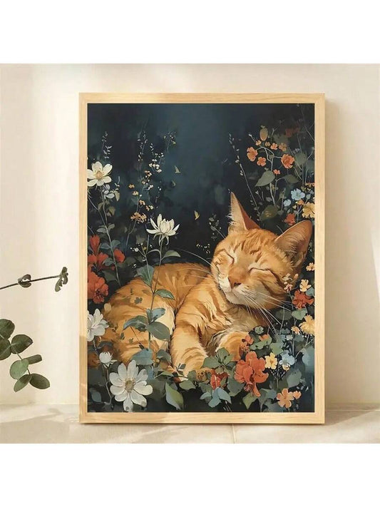 Transform your space into a peaceful oasis with our Sleepy Cat in Flower Garden Canvas Poster. This stunning wall art adds a touch of nature to any room and creates a calming atmosphere. Featuring a sleepy cat lounging in a beautiful flower garden, it's the perfect addition to your home decor.