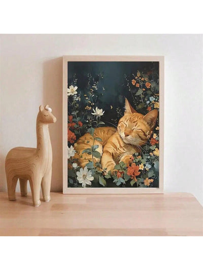 Sleepy Cat in Flower Garden Canvas Poster - Perfect Wall Art for Home Decor