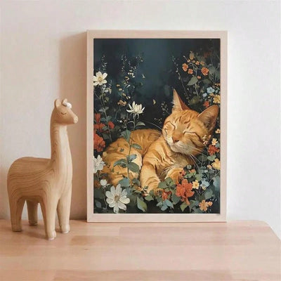 Sleepy Cat in Flower Garden Canvas Poster - Perfect Wall Art for Home Decor