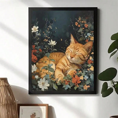 Sleepy Cat in Flower Garden Canvas Poster - Perfect Wall Art for Home Decor