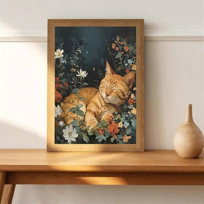 Sleepy Cat in Flower Garden Canvas Poster - Perfect Wall Art for Home Decor