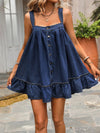 Denim Dream: Sleeveless A-Line Dress with Ruffle Hem and Front Buttons