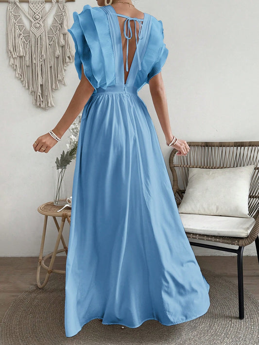 Elegant Deep V-Neck Ruffle Hem Summer Dress for Women