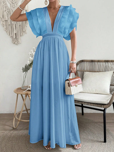 Elegant Deep V-Neck Ruffle Hem Summer Dress for Women