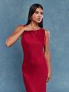 Elegant Satin Scoop Neck Sleeveless Maxi Dress in Red Color