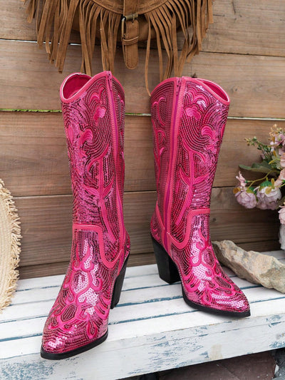 Chic Sequin Embroidered Side Zip Cowboy Boots for Fashionable Women