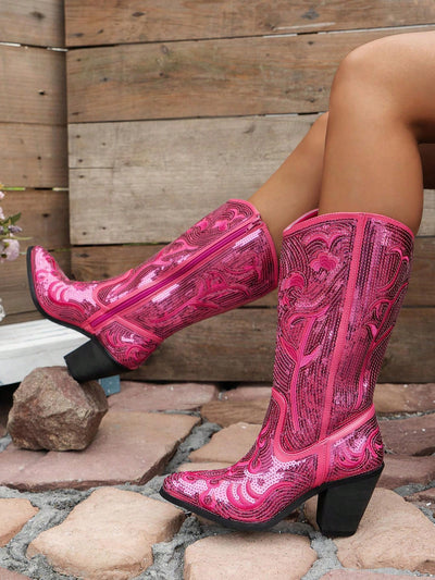 Chic Sequin Embroidered Side Zip Cowboy Boots for Fashionable Women