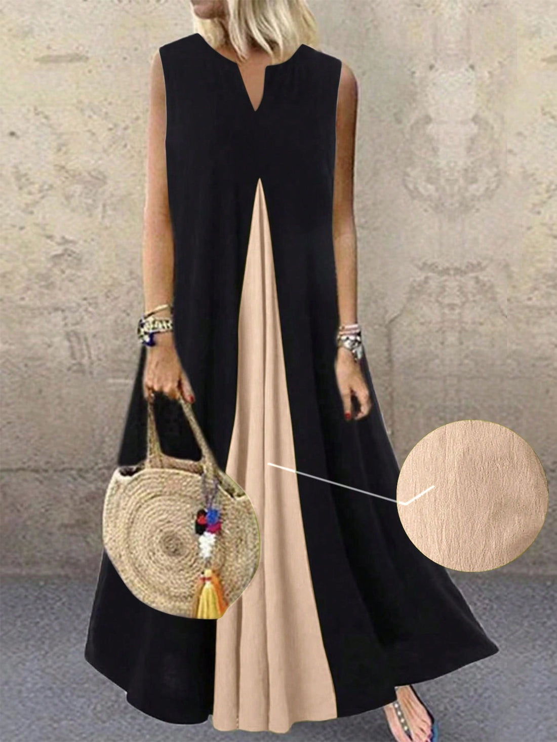 Step out in style this summer with our Chic V-Neck Maxi Dress! Featuring a unique cut-out design and playful patchwork accents, this dress will make you stand out from the crowd. Enjoy the perfect blend of fashion and comfort with this must-have piece. (Pun intended.)