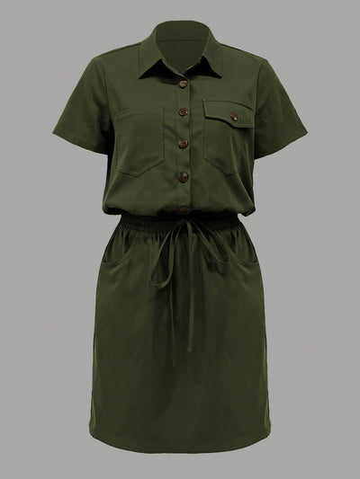 Versatile Army Green Workwear Dress with Pockets - Perfect for Summer!