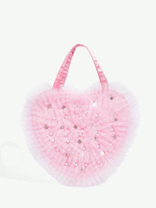 Enchanting Heart-Shaped Handbag with Diamond Pearl Decor