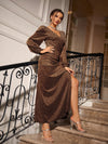 Sparkling Surplice: Glitter Dress with Bishop Sleeves and Split Thigh